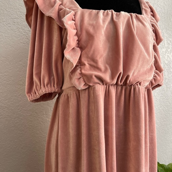 ASOS Corduroy Blush Pink Puff Sleeve Square Neck Midi Dress Prairie Boho Sz 2 - Picture 4 of 7